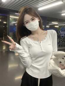 秋冬韩版蕾丝拼布半开领纽扣修身长袖T恤打底衫 - 白色 - 查看 4