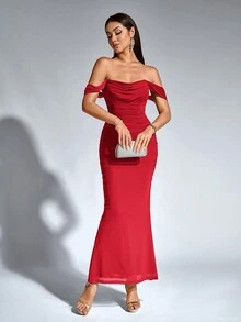 PARTHEA Off Shoulder Mermaid Hem Mesh Ruched Bodycon Long Dress