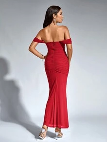 PARTHEA Off Shoulder Mermaid Hem Mesh Ruched Bodycon Long Dress