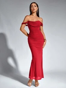 PARTHEA Off Shoulder Mermaid Hem Mesh Ruched Bodycon Long Dress