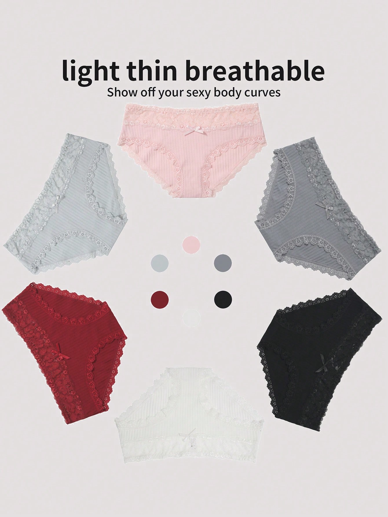 6-Pack Elegant Striped Wide Lace Waistband Comfortable Panties - Women's Breathable Stretchy Underwear For Everyday Wear - Soft