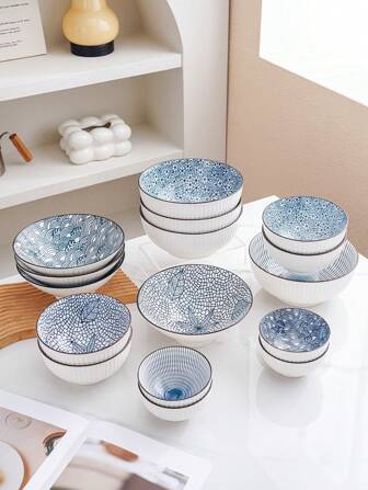 1pc Ceramic Simple Blue Japanese Style Bowl, 4.5", 6", Or 8" Size, Japanese, Nordic, Bohemian Style Simple High-End Blue/Light Colored Tableware Bowl Set, Multiple Sizes And Patterns Available
