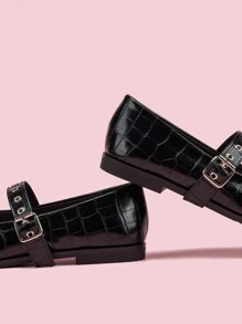 Mary Jane Flats met vierkante neus voor dames, met klinknagels en gesp, lichtgewicht casual leren schoenen voor studenten, seizoen terug naar school