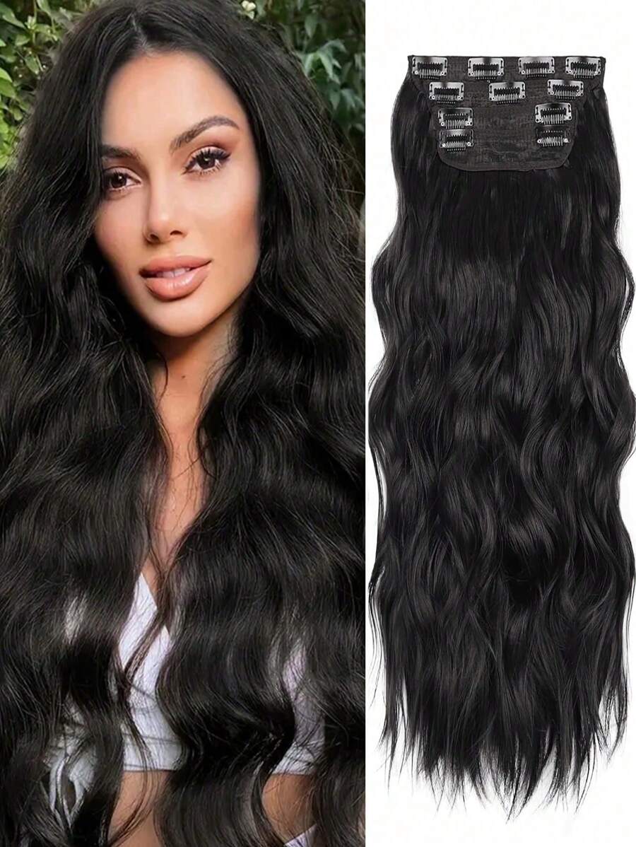 4 extensii de păr cu clips, extensii de păr ondulat și creț de 45-80 cm, extensii de păr negre cu clips, extensii de păr sintetic pentru tot capul, potrivite pentru diverse ocazii