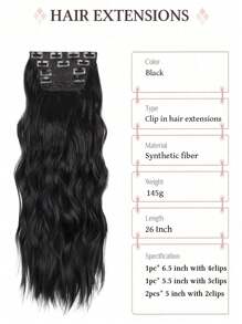 4 extensii de păr cu clips, extensii de păr ondulat și creț de 45-80 cm, extensii de păr negre cu clips, extensii de păr sintetic pentru tot capul, potrivite pentru diverse ocazii - Negru - Vizualizare 3