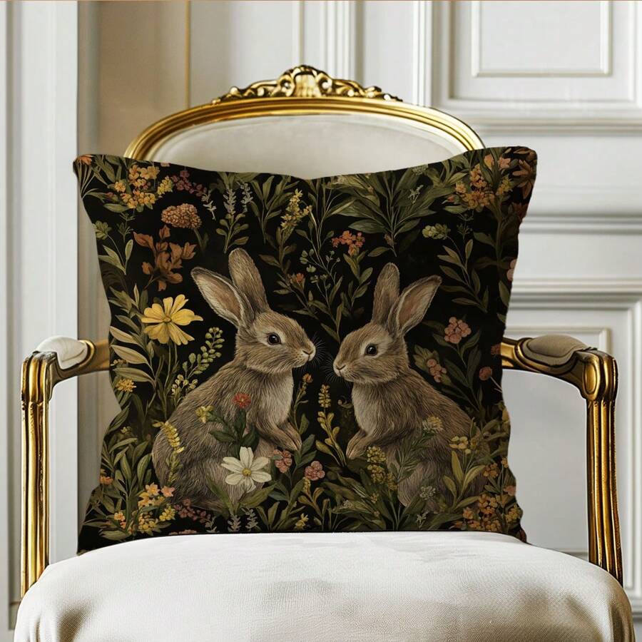 1pc Vintage Floral Rabbit Design Throw Pillow Case, Single-Sided Soft Peach Velvet Fabric, 45*45CM/50*50CM Cushion Cover Suitable For Home Decor, Party Decoration, Decorative Pillow Gift - Multicolor - View 1