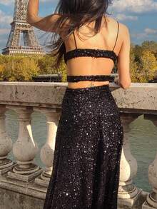 Elegante abito lungo con paillettes scintillanti - nero - Visualizzare 9