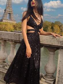 Elegante abito lungo con paillettes scintillanti - nero - Visualizzare 3