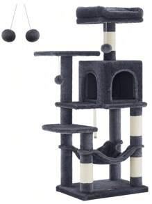 Feandrea Cat Tree, Height 112 Cm, Cat Tower, Plush Fabric, With 4 Scratching Posts, 2 Platforms, 1 Cave, 1 Hammock, 2 Pompoms, Multi-Level, Light Grey MPCT261W01 - Dark Grey - View 1