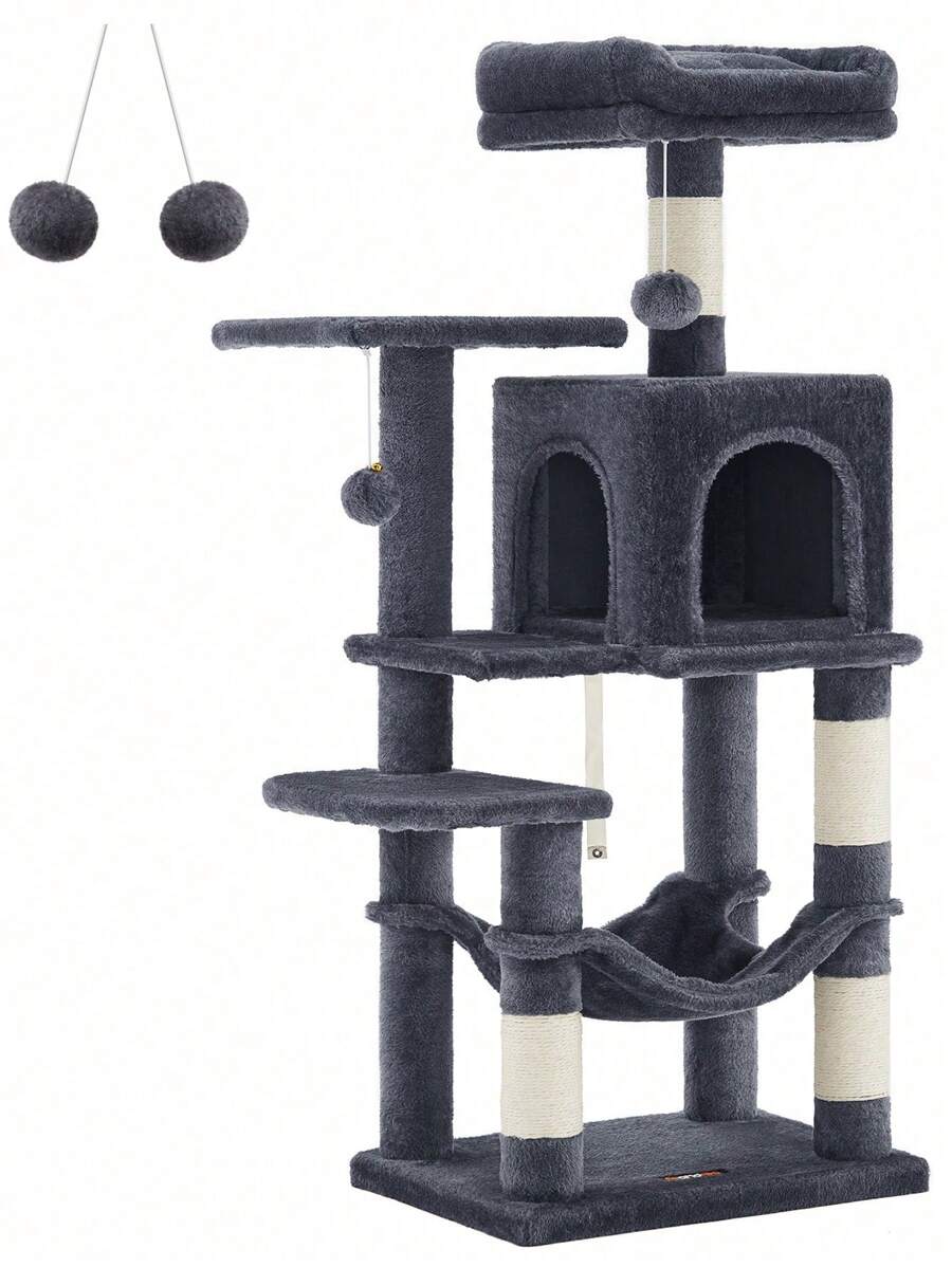 Feandrea Cat Tree, Height 112 Cm, Cat Tower, Plush Fabric, With 4 Scratching Posts, 2 Platforms, 1 Cave, 1 Hammock, 2 Pompoms, Multi-Level, Light Grey MPCT261W01 - Dark Grey - View 1