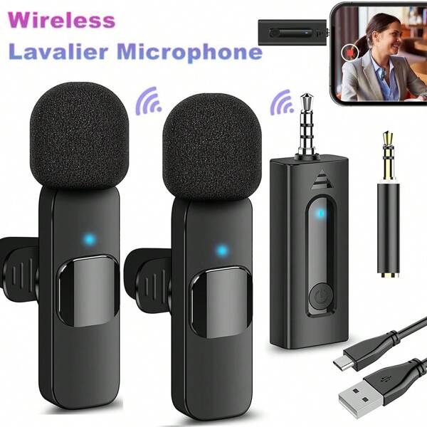 Micrófono inalámbrico profesional recargable de 3.5 mm Mini Mic de 2 en 1 o 1 en 1 de color negro para Android, teléfonos móviles, portátiles, usado para transmisión en vivo, grabación de video, vlog, enseñanza en línea, videoconferencia, grabación de videos cortos, micrófono inalámbrico "enchufa y usa" con reducción de ruido