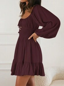 Women Spring Summer Short A-Line Dresses Long Sleeve Square Neck Ruched Tie Up Party Dress - Dark Brown - View 4