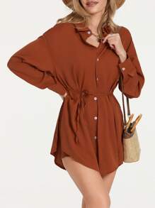 Women Jumpsuit, Long Sleeve Turn-Down Collar Button-Down Shirt Bodysuit Streetwear