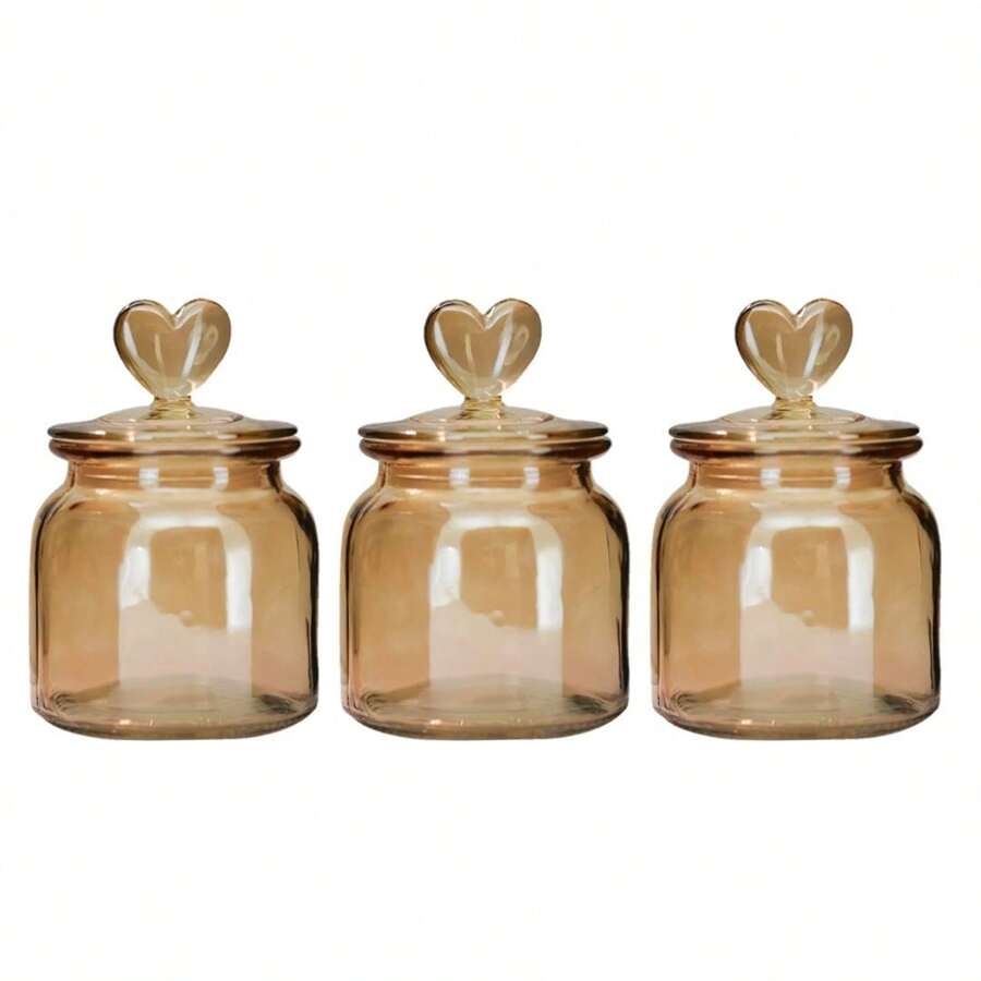 Set Of 3 Hermetic Amber Glass Jars Decor Affection Heart 650ml - Tuut - 米色 - 查看 1