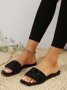 大码女式一脚蹬平底凉鞋，黑色方头水钻防滑软底系带拖鞋，搭配连衣裙时尚，适合海滩，家庭主妇之选，夏季 - 黑色 - 查看 2