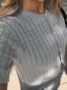Women's Cable Knit Cardigan Solid Color Round Neck Short Sleeve Button-Front Closure Crop Sweaters - Xám - Xem 3