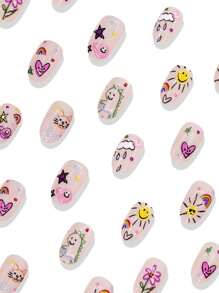 24PCS Short Round Nails, Cute Cartoon Sun Rainbow Clouds Dinosaur Fake Nails, Suitable For Girls' Daily Wear, Detachable Full Cap Fake Nails Sticker. Press On Nails