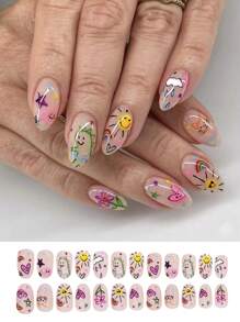 24PCS Short Round Nails, Cute Cartoon Sun Rainbow Clouds Dinosaur Fake Nails, Suitable For Girls' Daily Wear, Detachable Full Cap Fake Nails Sticker. Press On Nails