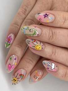 24PCS Short Round Nails, Cute Cartoon Sun Rainbow Clouds Dinosaur Fake Nails, Suitable For Girls' Daily Wear, Detachable Full Cap Fake Nails Sticker. Press On Nails