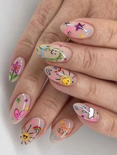 24 piezas de uñas postizas cortas y redondas, con diseños lindos de dibujos animados de sol, arcoíris, nubes y dinosaurios, adecuadas para uso diario de niñas, uñas postizas desmontables de tapa completa. Suministros de uñas y uñas postizas