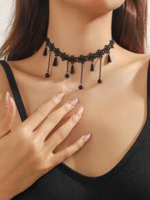 1 chiếc vòng cổ mặt dây chuyền pha lê cổ áo phong cách Gothic ren đen cổ điển, vòng cổ choker hoa ren phóng đại dành cho nữ, vòng cổ hoa ren gợi cảm đa năng dành cho hộp đêm, tiệc tùng, lễ hội - màu đen - Xem 3