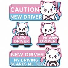 4 件粉色新款司机猫磁性贴纸套装卡通风格神经质宠物猫防水汽车磁性贴花装饰适用于室内冰箱室外汽车最佳礼物