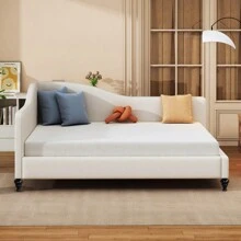 Full Size L-Shaped Linen Daybed With Solid Wood Legs Beige OLD SKU: SF000146AAA