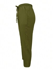 Women's Solid Color Drawstring Elastic Waist Casual Pants, Spring/Summer - Army Green - View 3