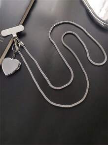 韩国银骨心形镜面吊坠斜挂绳夹式吊坠手机绳长颈带防丢失吊带礼物送给母亲、家人、朋友、生日、节日手机挂饰、手机链 - 銀色 - 查看 8