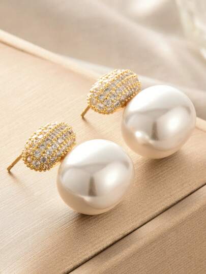 2 Pieces Of High-Quality Oval Pearl Stud Earrings Copper Inlaid With Zirconia Plated Sweet Temperament Earrings Temperament Versatile Wedding Wear Valentine's Day Gifts