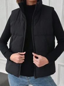 1 Pc Tween Girls Loose Solid Color Casual Thermal Lined Thickened Stand Collar Vest
