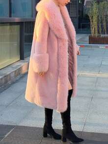 Women's Luxury Solid Color Faux Fur Long Collar Coat, An Ideal Choice For Winter - Baby Pink - View 2