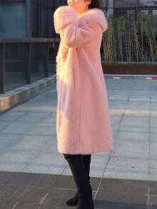 Women's Luxury Solid Color Faux Fur Long Collar Coat, An Ideal Choice For Winter - Baby Pink - View 5