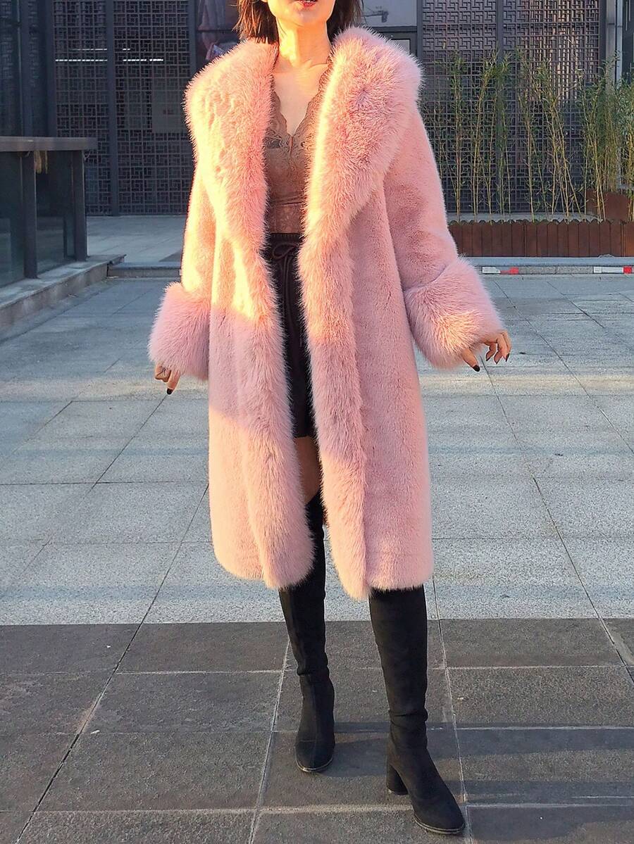 Women's Luxury Solid Color Faux Fur Long Collar Coat, An Ideal Choice For Winter - Baby Pink - View 1