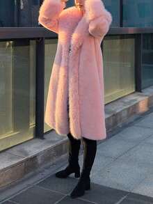 Women's Luxury Solid Color Faux Fur Long Collar Coat, An Ideal Choice For Winter - Baby Pink - View 7