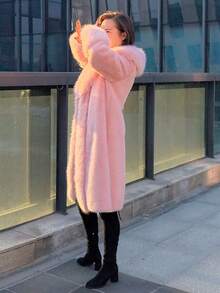 Women's Luxury Solid Color Faux Fur Long Collar Coat, An Ideal Choice For Winter - Baby Pink - View 8