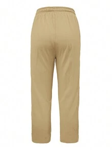 女士休闲抽绳腰松紧腰裤，春夏 - 卡其色 - 查看 4