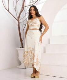 Women's Wrap Skirt And Tie-Back Top Set - 米色 - 查看 1