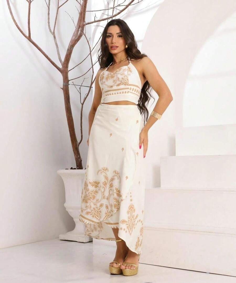 Women's Wrap Skirt And Tie-Back Top Set - 米色 - 查看 1