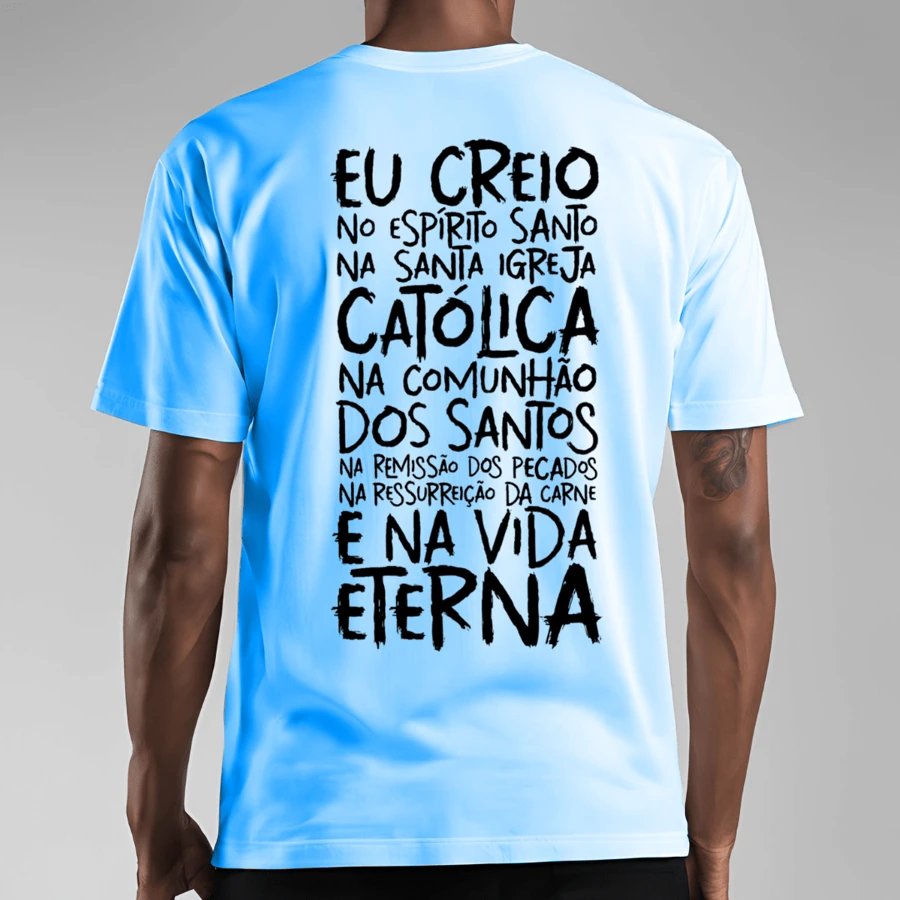 T-Shirt Catholic Shirt Printed Prayer Creed Back - 淺藍色 - 查看 1