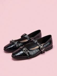 Mary Jane Flats met vierkante neus voor dames, met klinknagels en gesp, lichtgewicht casual leren schoenen voor studenten, seizoen terug naar school
