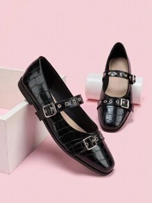 Mary Jane Flats met vierkante neus voor dames, met klinknagels en gesp, lichtgewicht casual leren schoenen voor studenten, seizoen terug naar school