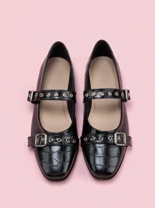 Mary Jane Flats met vierkante neus voor dames, met klinknagels en gesp, lichtgewicht casual leren schoenen voor studenten, seizoen terug naar school