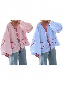 Women Long Sleeve Shirts Heart Embroidery Plaid Front Bowknot Tie-Up Blouses Fashion Spring Summer Casual Tops - 粉色 - 查看 3