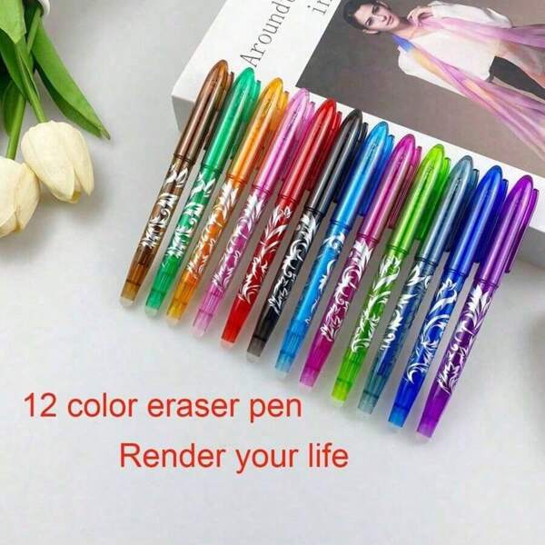 12 pièces Stylos effaçables, pointe moyenne de 0,5 mm, convient aux adultes, enfants, étudiants, école, bureau, papeterie, cadeaux - 12 couleurs incluent bleu, noir, rouge, vert, bleu clair, orange, violet, rouge rose, brun, vert clair, jaune, rose - convient pour la rentrée des classes, Halloween, Thanksgiving, Noël, anniversaire, etc.