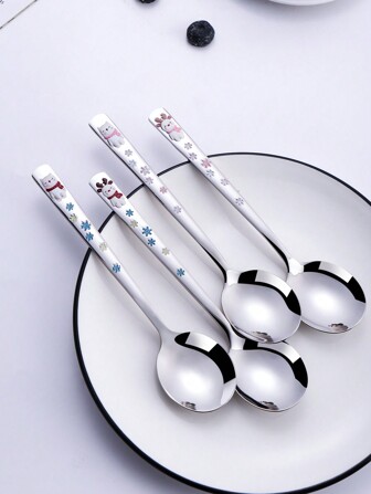 1pc/4pcs 304 Stainless Steel Christmas Spoons With Reindeer, Snowman, Snowflake Patterns