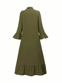 Women Plain Color Flared Sleeve Ruffle Hem Arabian Dress - Green - View 2