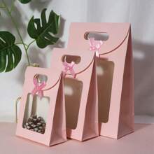 5 件透明自立翻盖礼品袋，全新纯色蝴蝶结提手袋 - 粉色、白色、黑色、蓝色、棕色，糖果袋，派对礼品袋，生日礼品袋，节日礼品袋，返校情人节 - 粉色 - 查看 6