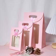 5 件透明自立翻盖礼品袋，全新纯色蝴蝶结提手袋 - 粉色、白色、黑色、蓝色、棕色，糖果袋，派对礼品袋，生日礼品袋，节日礼品袋，返校情人节 - 粉色 - 查看 8