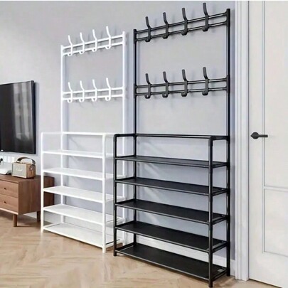 1pc Entryway Coat Rack, Hall Shoe Rack, Multi-Function Metal Garment Rack, Floor Clothes Rack, 4/5 Tier Clothing Rack And 8 Double Hooks, For Living Room, Bathroom, Hallway Shoe Organizer